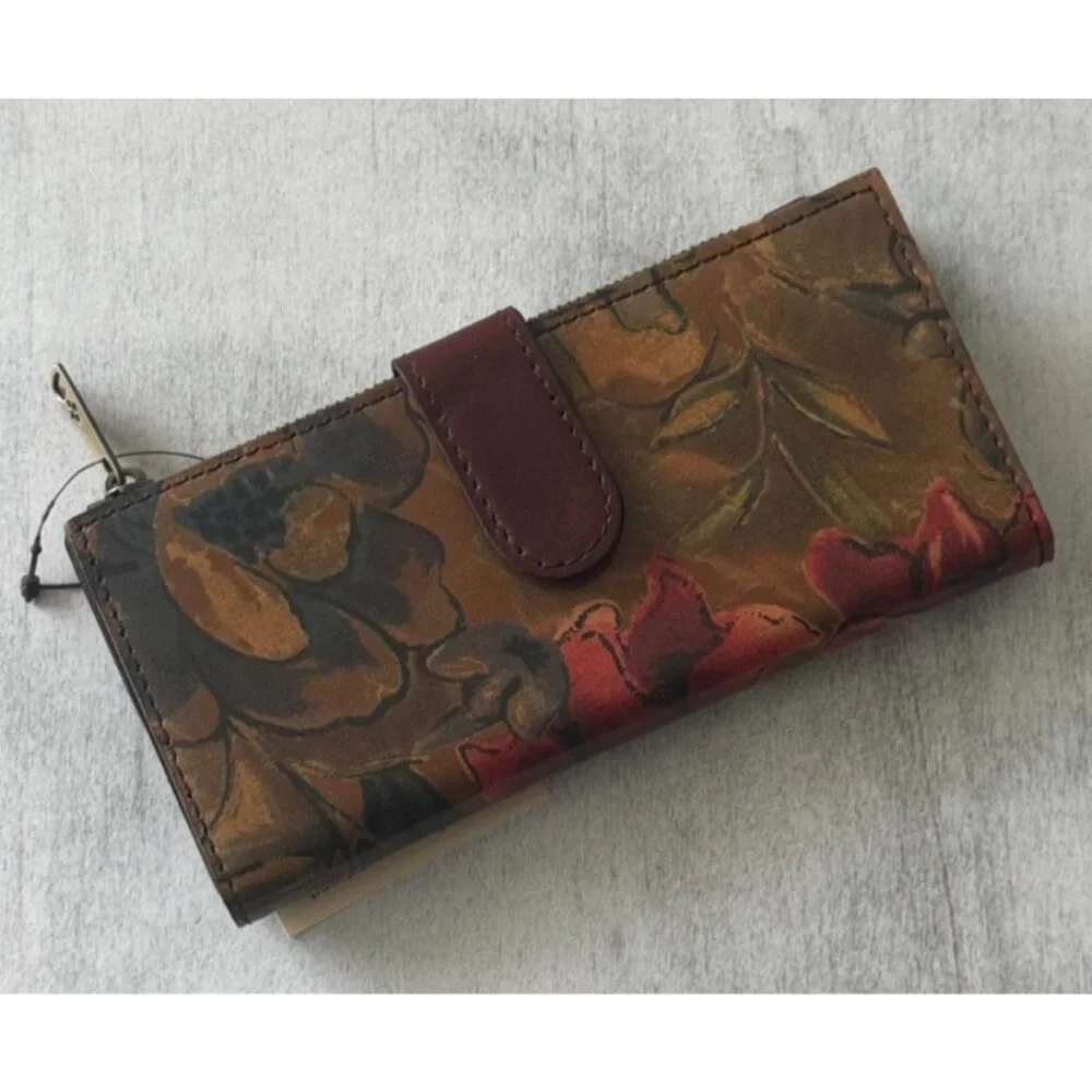 Patricia Nash NAZARI Leather Bifold Wallet Floral Sienna Sunset Brown